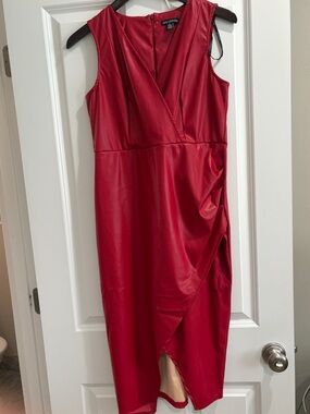 Nina Leonard Red S Faux-Leather Midi Dress